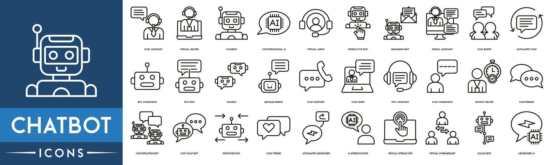 ChatBot  icon set. Included the icons as Chat Assistant, Virtual Helper, AI Chatbot, Messaging Bot, Automated Chat, Message Robot, Conversation Bot, Chat Friend, Dialog Bot and Messenger AI vector