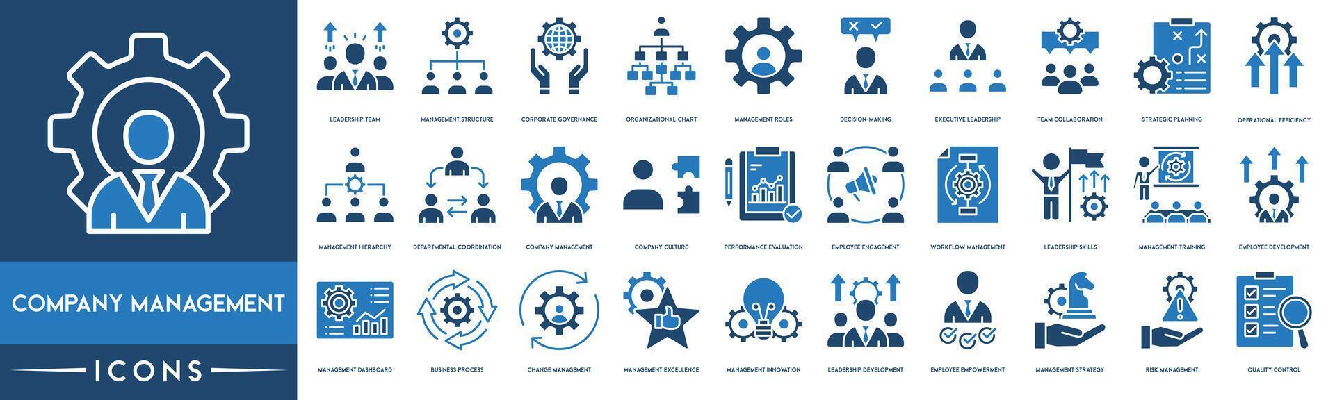 Company Management, Leadership Team, Management, Decision Making, Team Collaboration, Strategic Planning, Management Consulting, Employee Engagement, Workflow, Leadership Skills and Employee icon set. vector
