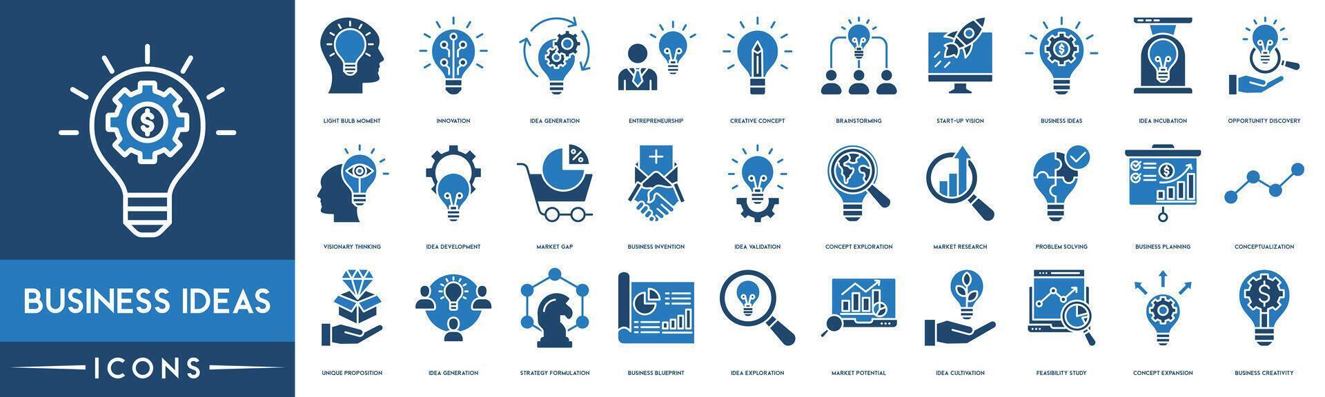 Business Ideas icon set. Innovation, Innovation, Market Research, Problem Solving, Business Planning, Business Blueprint, Concept Expansion and Business Creativity line icon. vector
