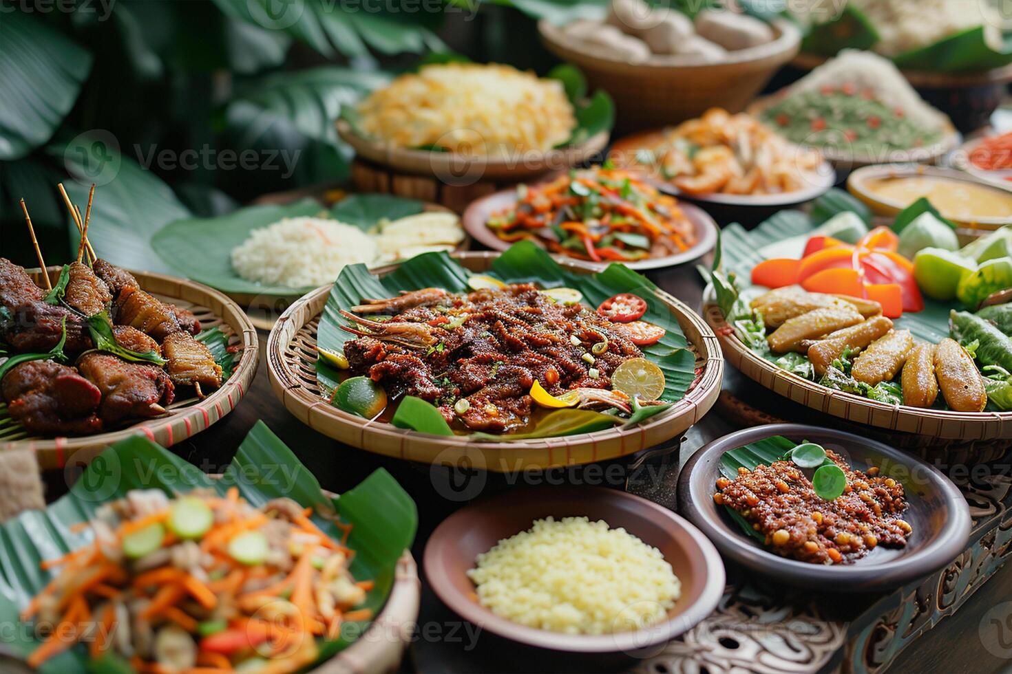 ai generado tradicional menú durante eid Mubarak en Indonesia foto