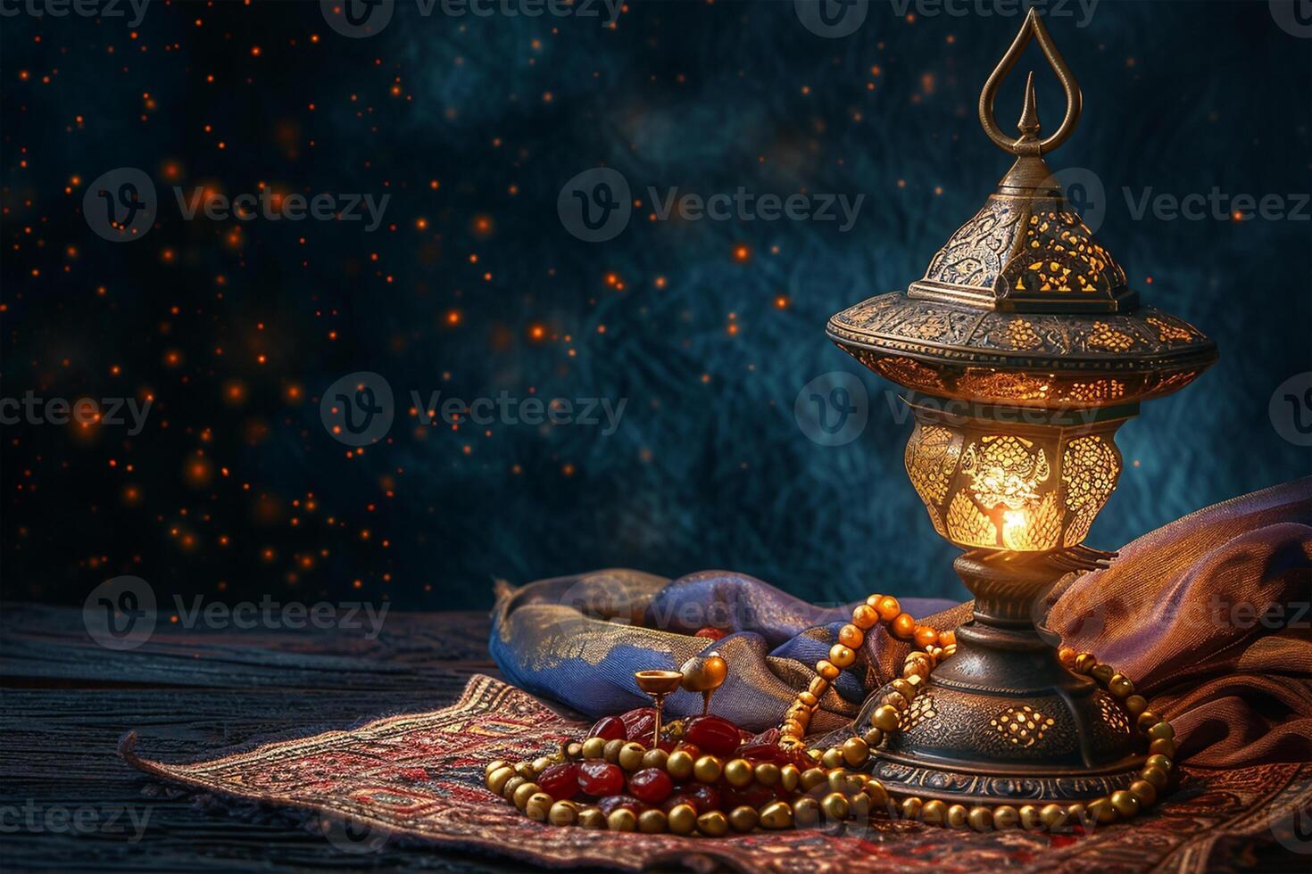 AI generated Aladdin lamp of wishes, dates, Muslim lantern and prayer beads for Ramadan on dark background photo