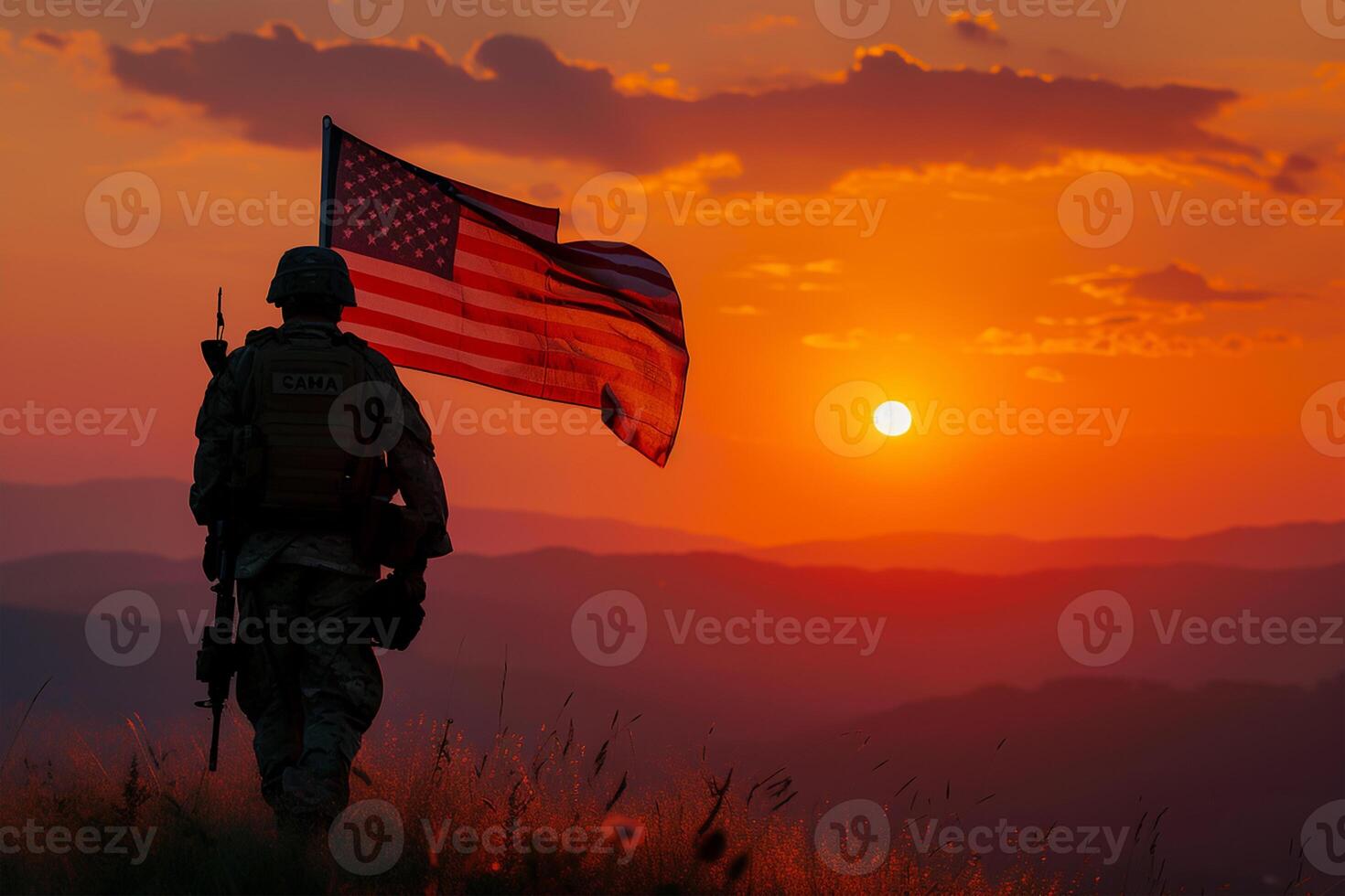 ai generado silueta de soldado con Estados Unidos bandera en contra el puesta de sol foto