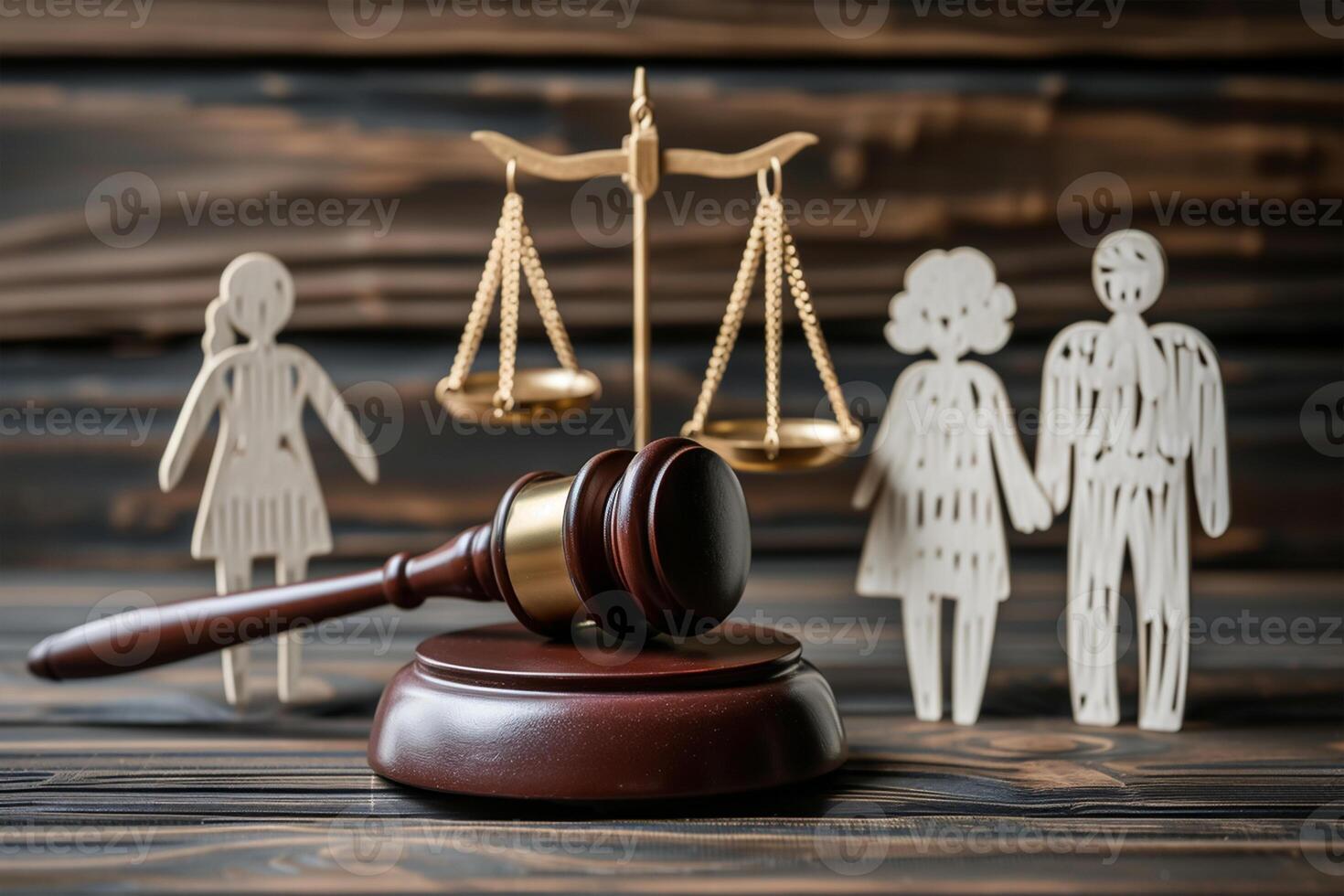 AI generated Family figures with judge's gavel and justice scales on dark wooden background photo