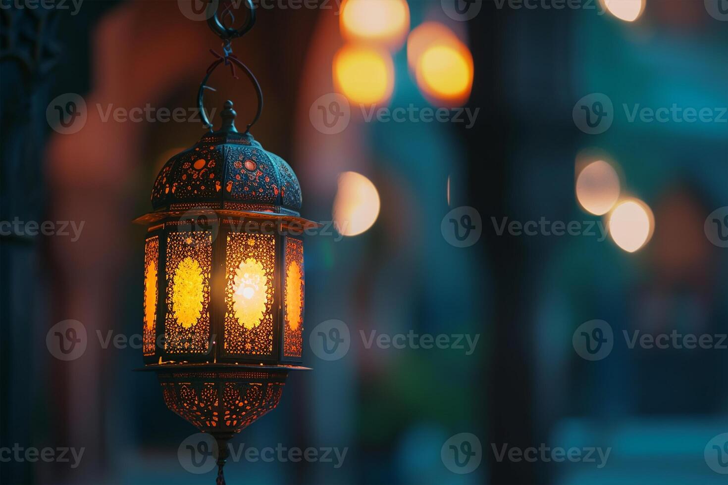 AI generated Ramadan lantern wide banner background photo