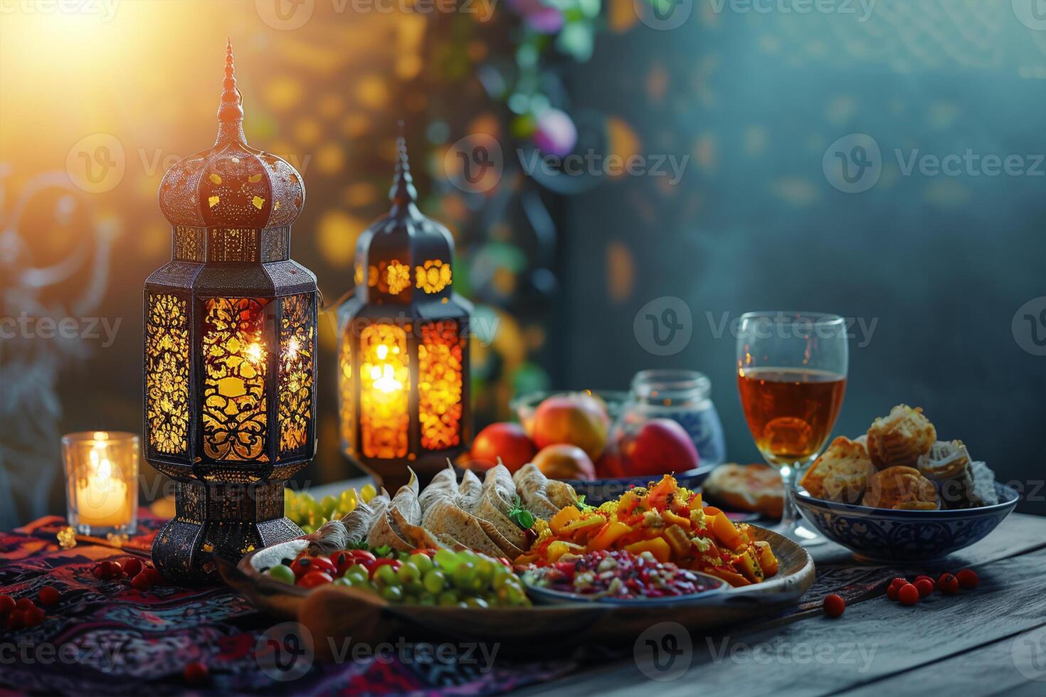 ai generado musulmán Ramadán Mubarak iftar mesa muestra Ramadán comidas y linterna ligero con santo mes eid Mubarak concepto antecedentes foto