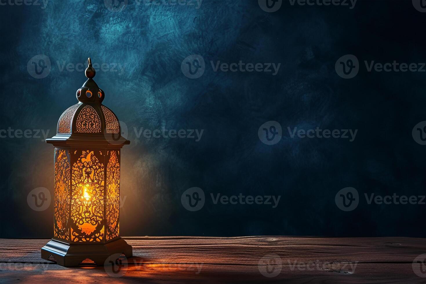 AI generated Arabic lantern on wooden background, ramadan concept photo