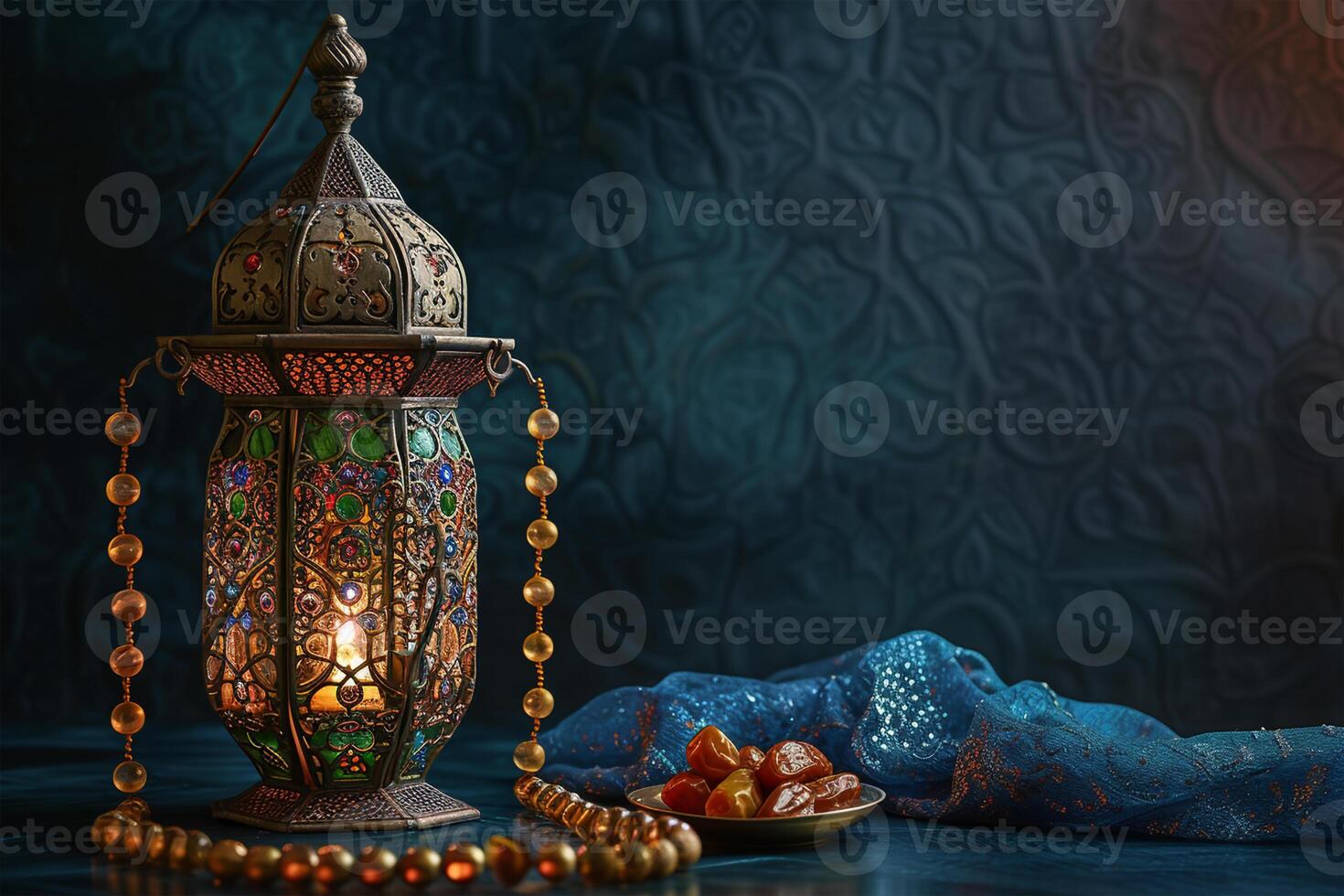 AI generated Aladdin lamp of wishes, dates, Muslim lantern and prayer beads for Ramadan on dark background photo