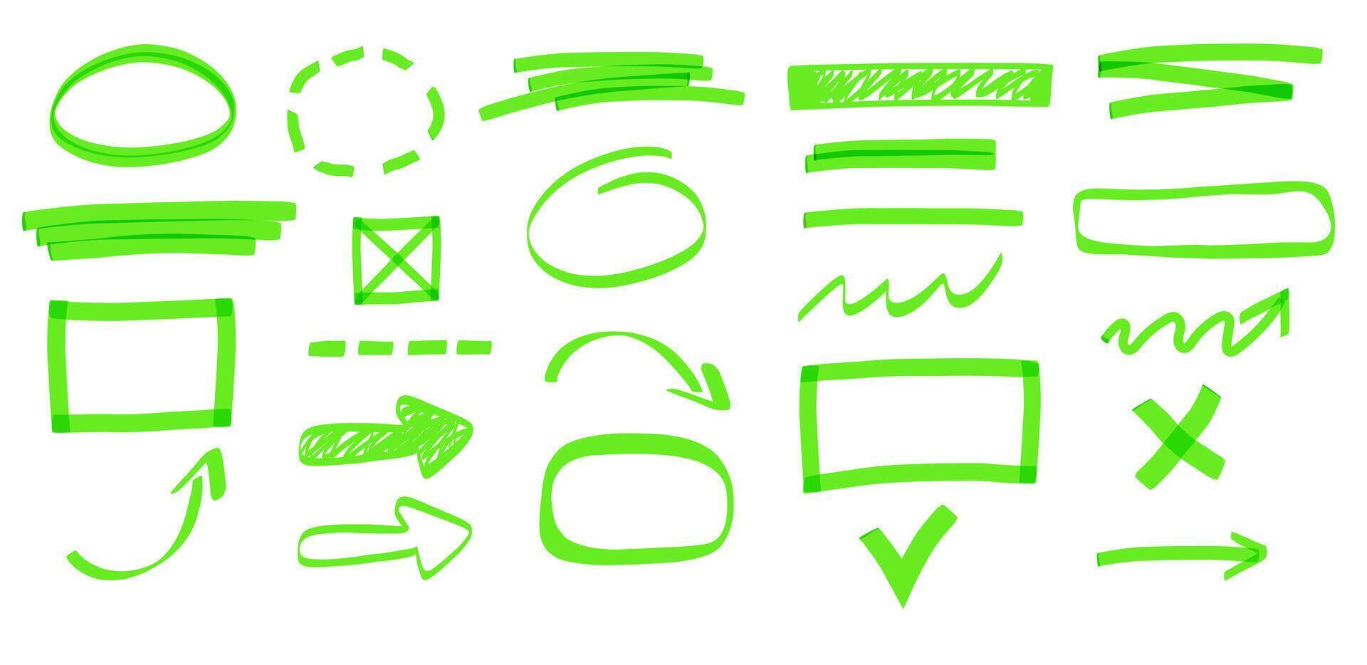 Highlight, frames, arrows, text box. Hand drawn green marker elements vector