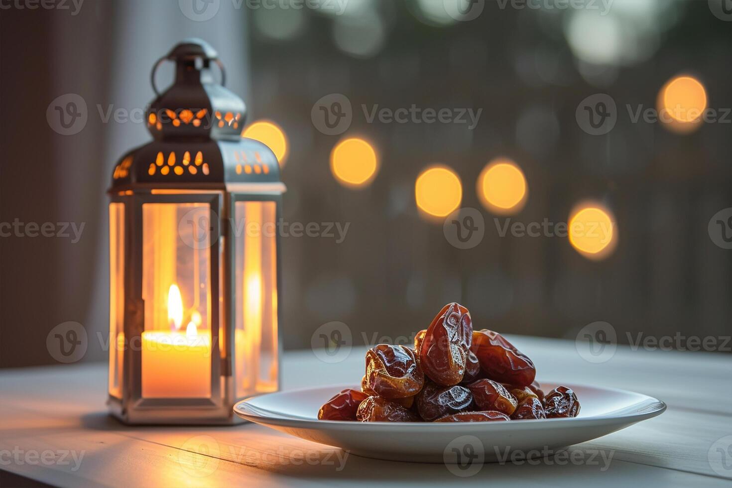 AI generated Dried dates on white plate and lantern with burning candle on white wooden table, bokeh light on background photo