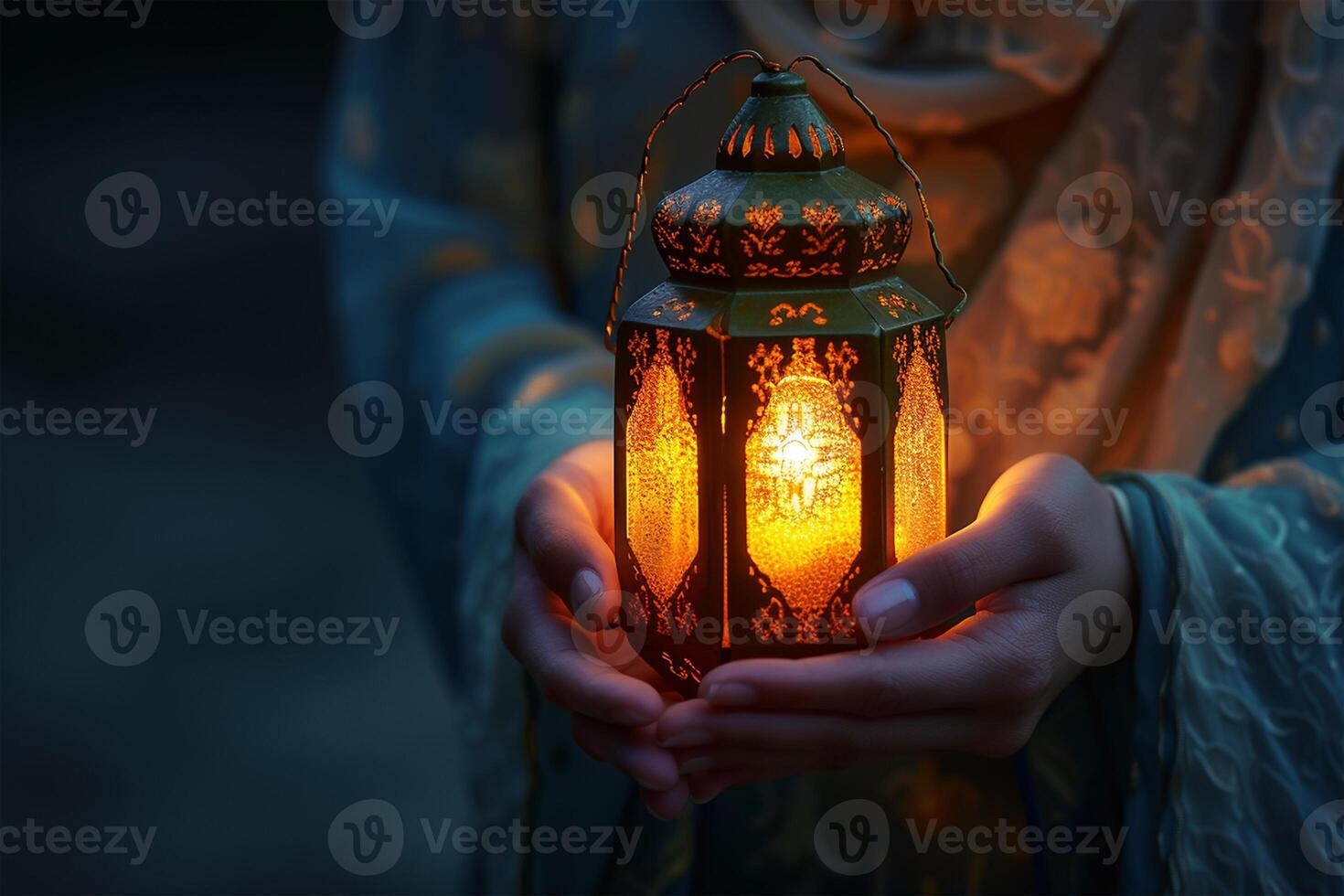 AI generated Female hands holding decorative lantern on dark background. Ramadan Kareem concept photo