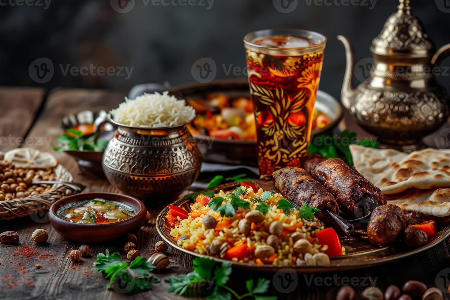 AI generated Ramadan food and drinks concept. Ramadan tea and dates fruits on dark background photo