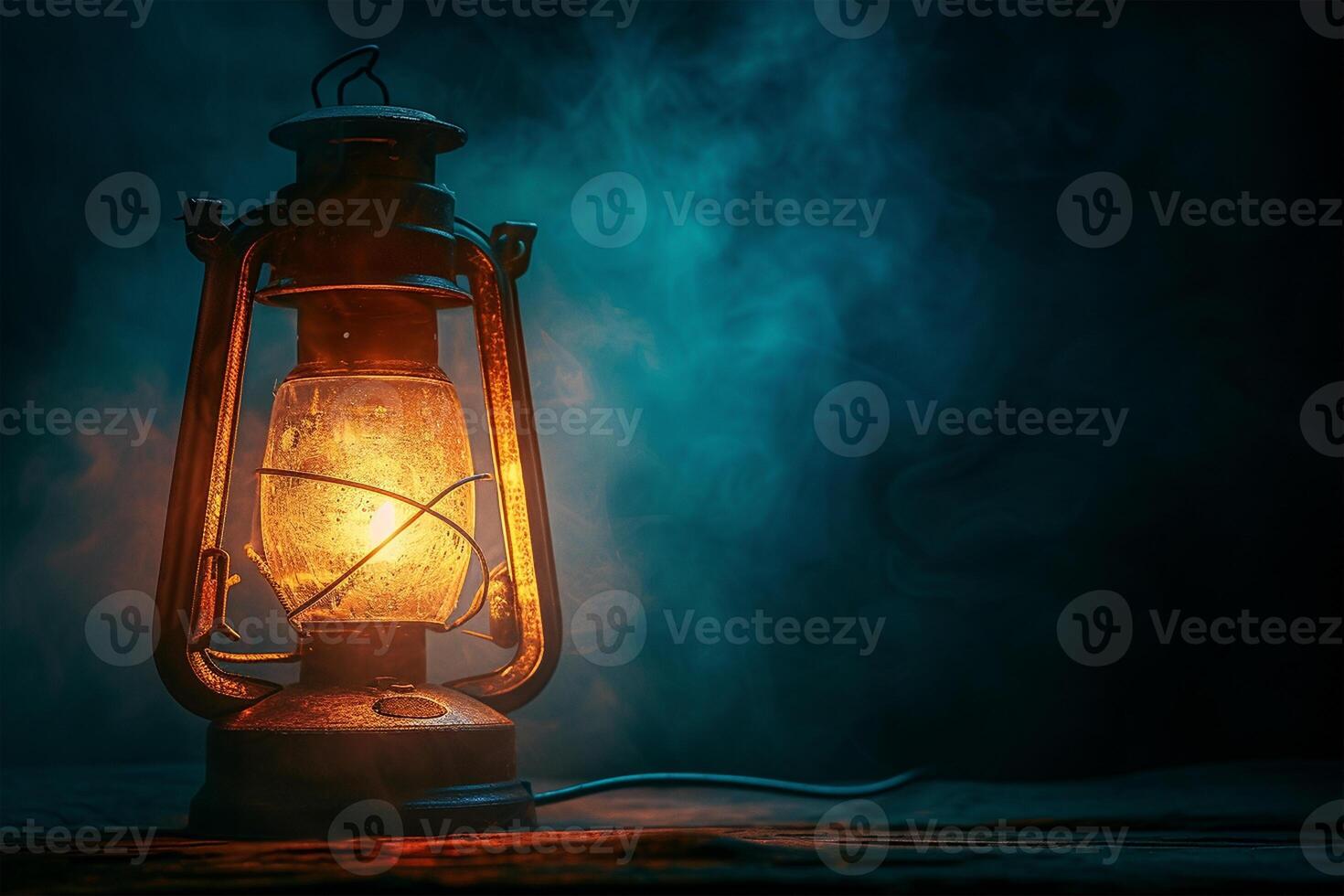 AI generated An old and shining lantern on a dark background photo