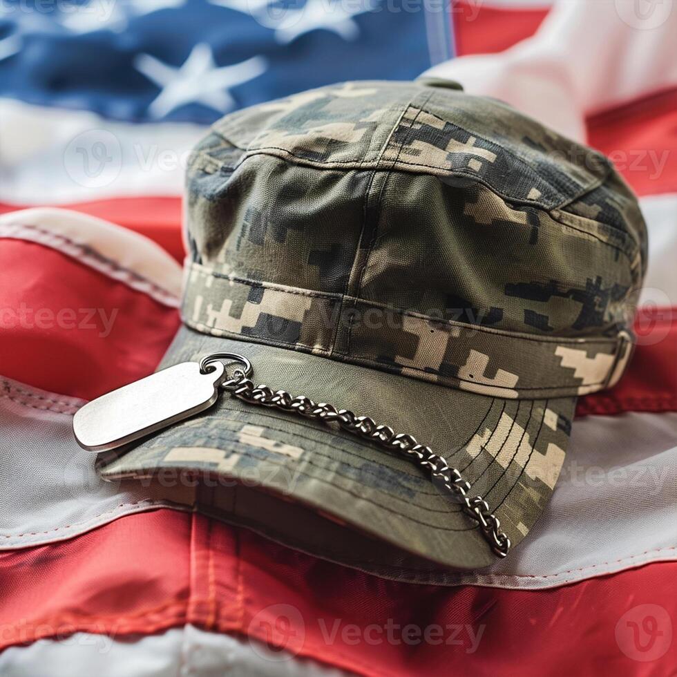 AI generated Celebrating USA Memorial Day with dog tag and hat on flag photo