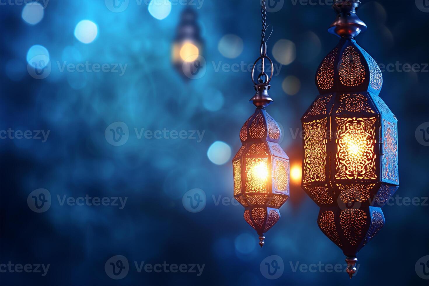 AI generated Background with traditional Muslim lanterns on dark blue - background on Muslim theme photo