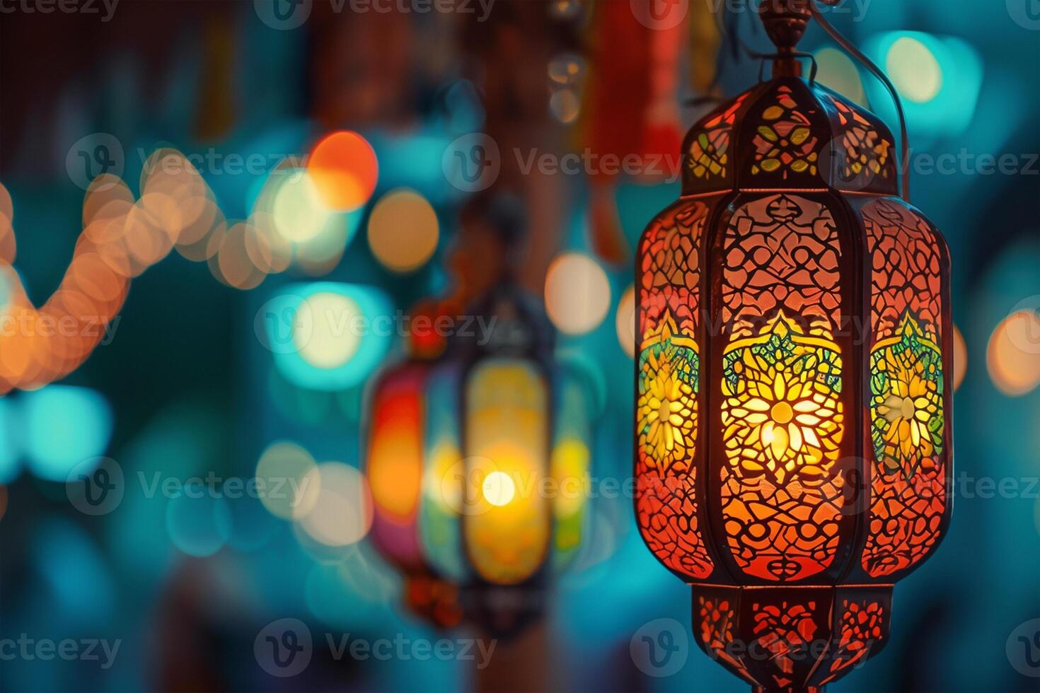 AI generated Ramadan lantern wide banner background photo