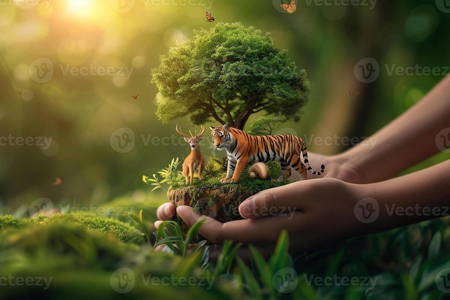 AI generated Concept Nature reserve conserve Wildlife reserve tiger Deer Global warming Food Loaf Ecology Human hands protecting the wild photo