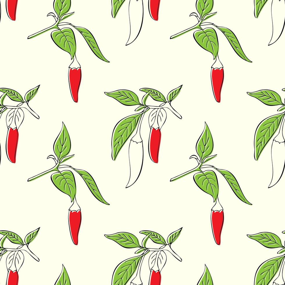 Red hot chilli peppers branch hand drawn pattern. Red and green colors. vector