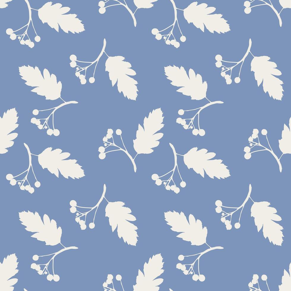 Blue pattern with Rowan branch imprint silhouette pastel color. vector