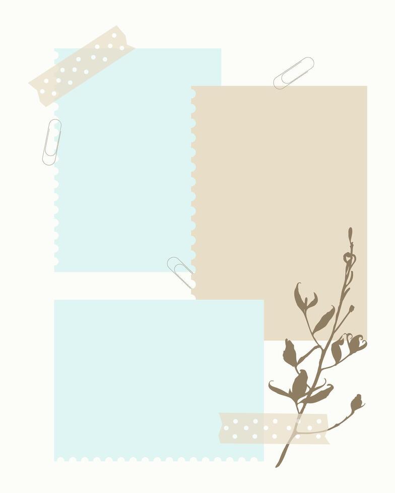 Elegant scrapbooking layout design with papers and herbal botanical embellishment, template reminder notes to do list. vector