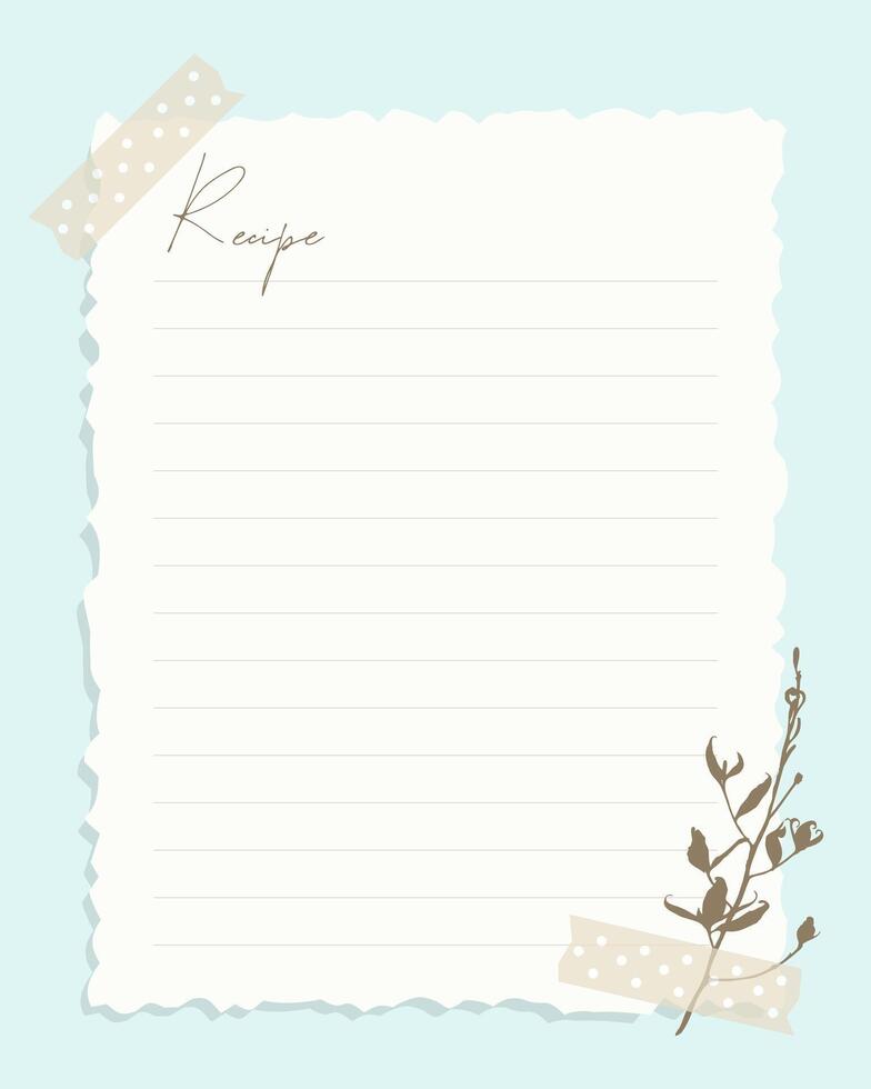 Blank Recipe card with decorative border and floral accent on pastel background in stylized scrapbooking . vector