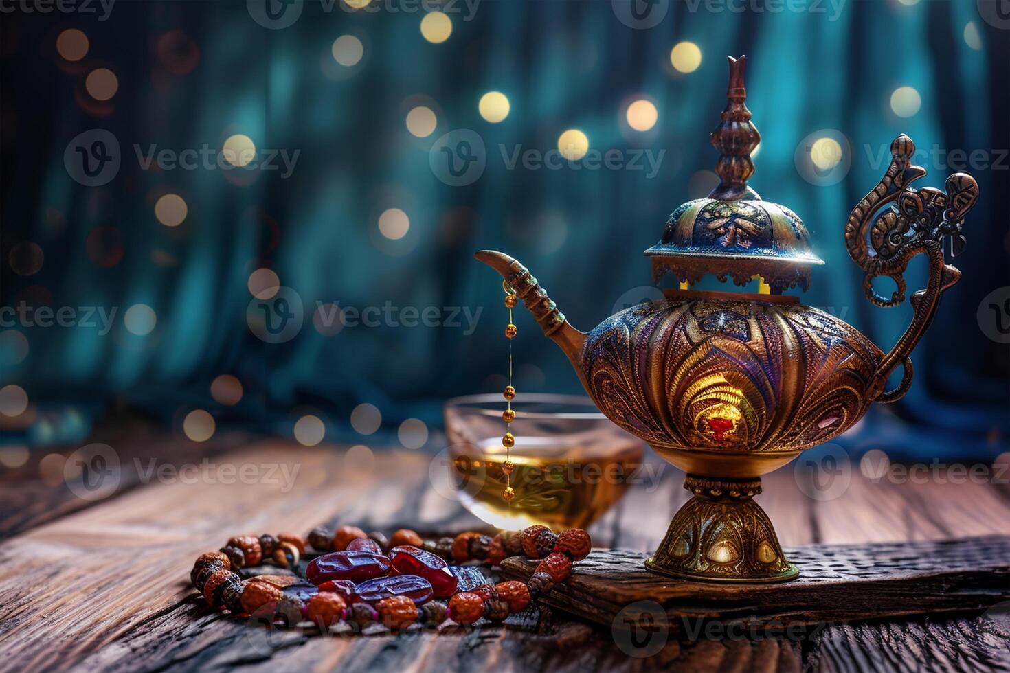 AI generated Aladdin lamp of wishes prayer beads glass and dates photo