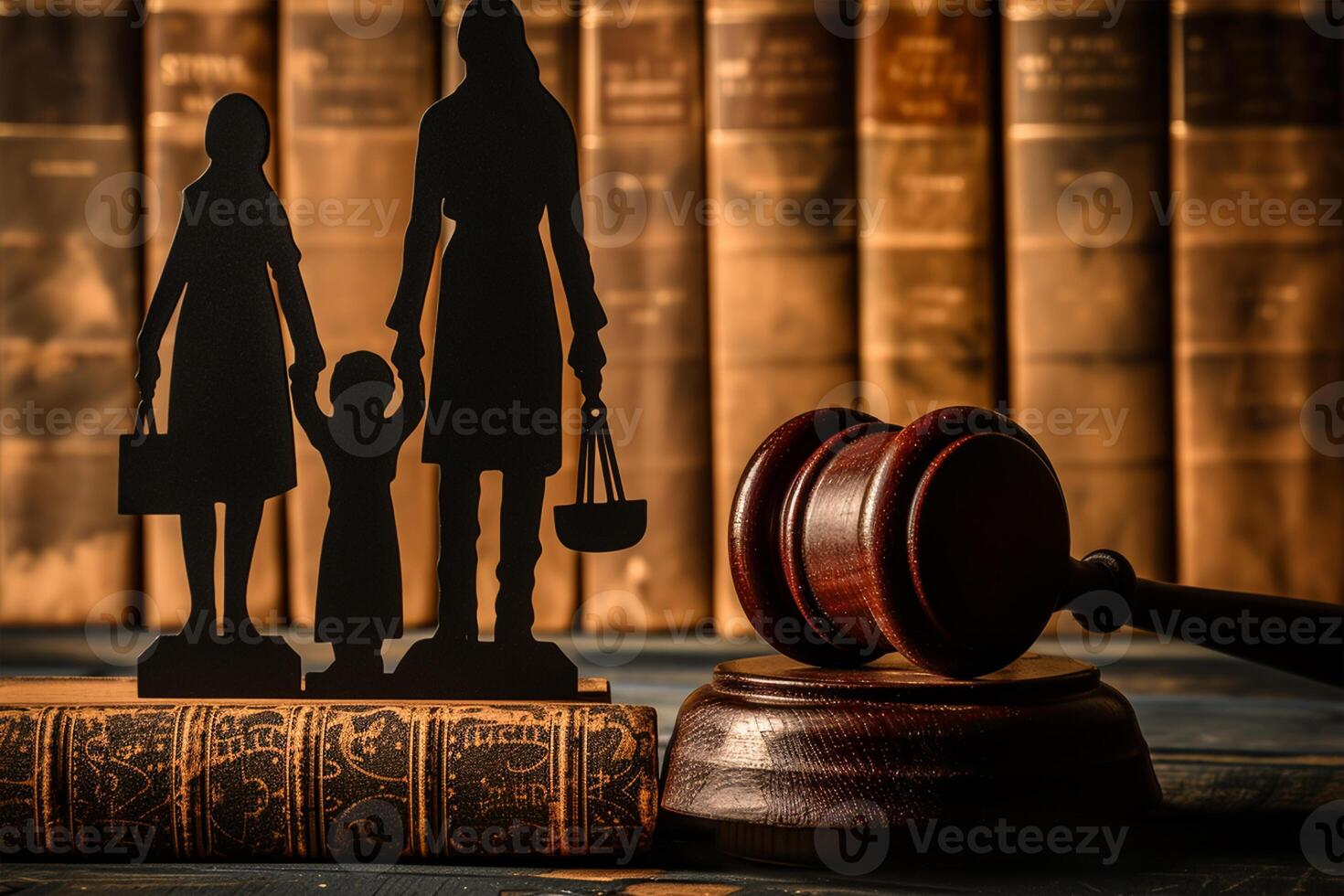 ai generado divorcio y custodia niño concepto. mazo y familia silueta en libro antecedentes foto