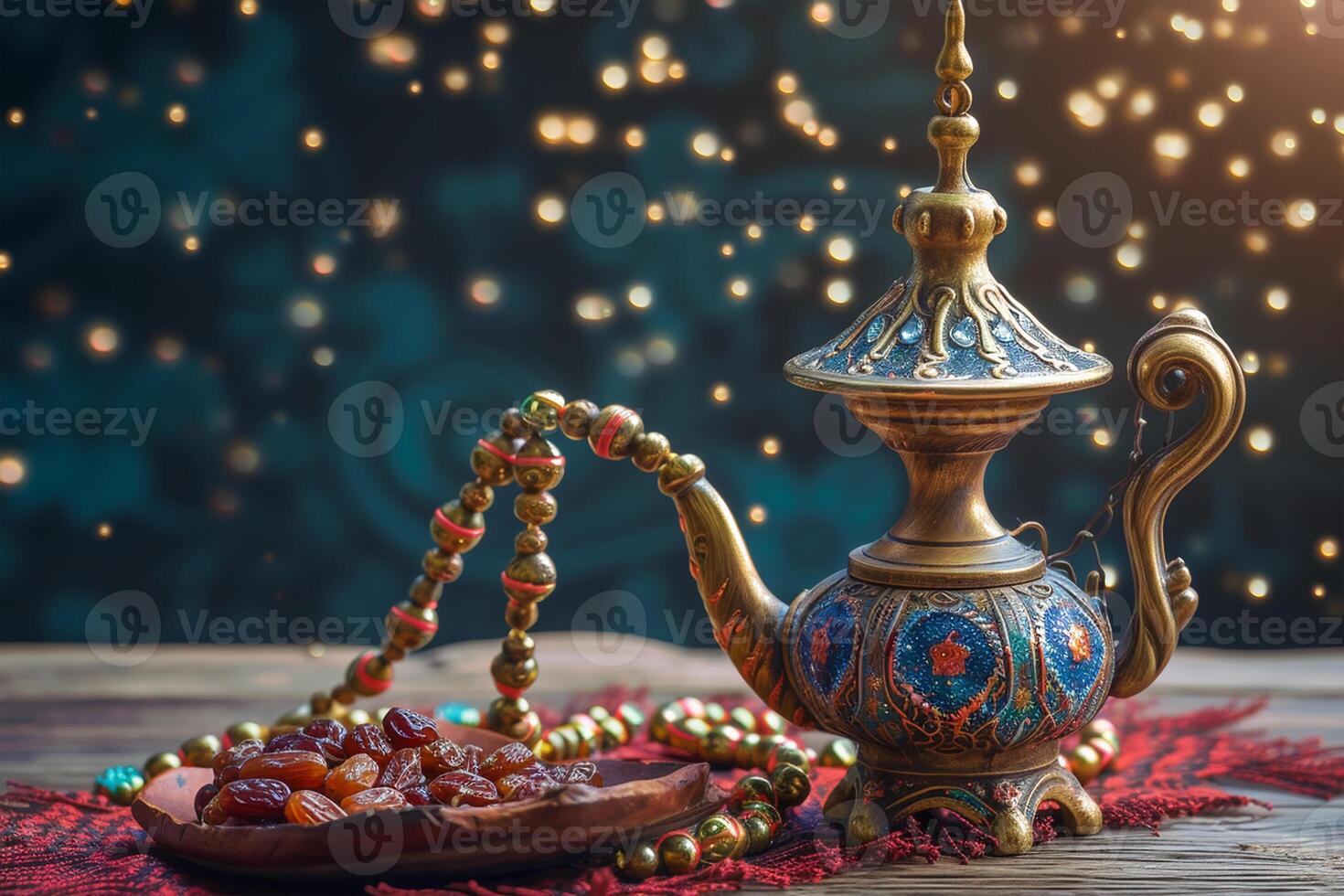 AI generated Aladdin lamp of wishes prayer beads glass and dates photo