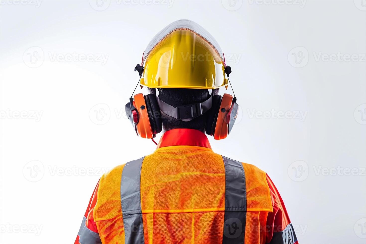 AI generated Occupational Safety and Health, worker's uniform, engineer's helmet, earmuffs, reflective vest on a white background. National Safety Day photo