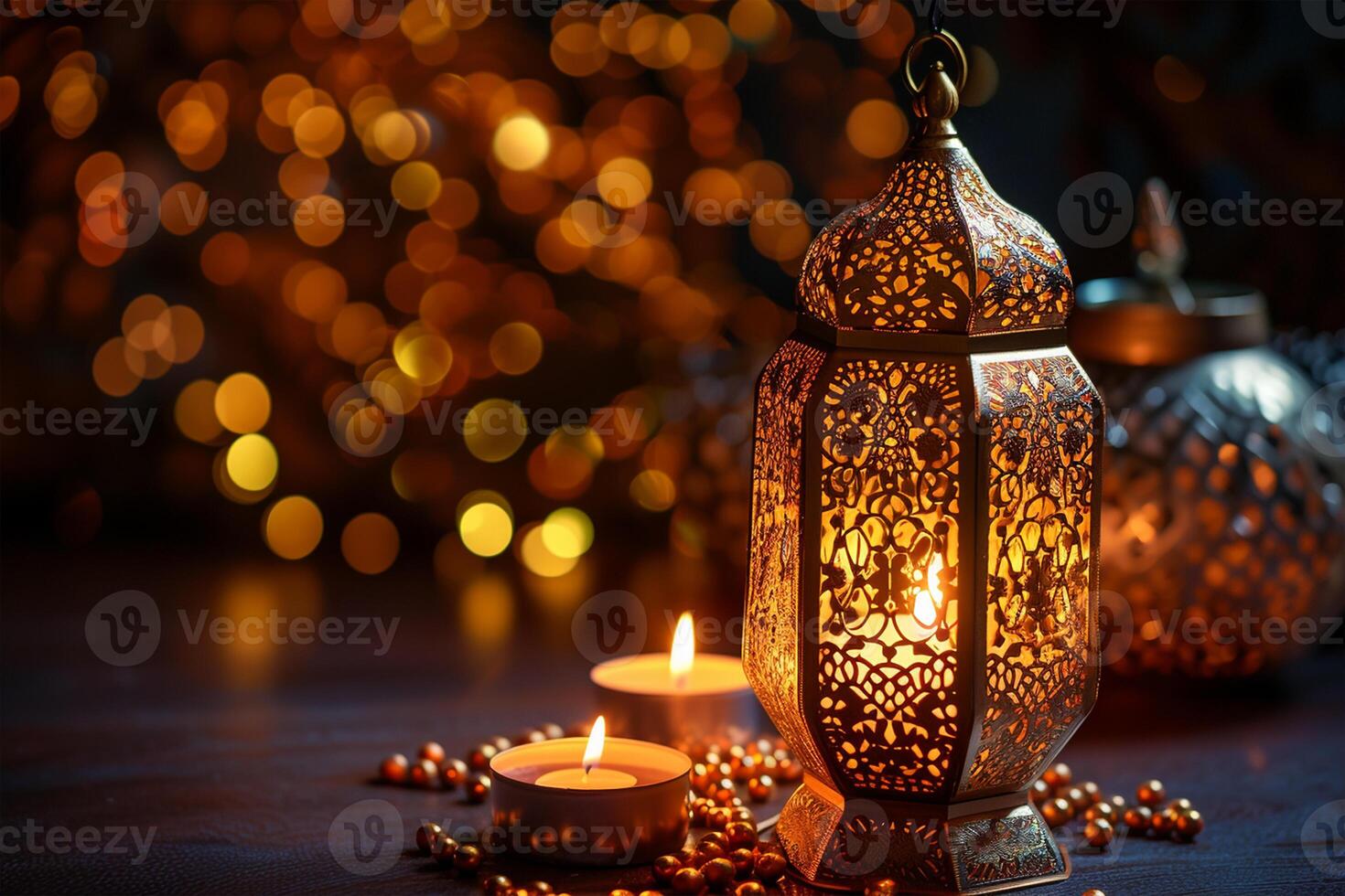 AI generated gold ramadan lantern and candles. lamp with arabic decoration photo