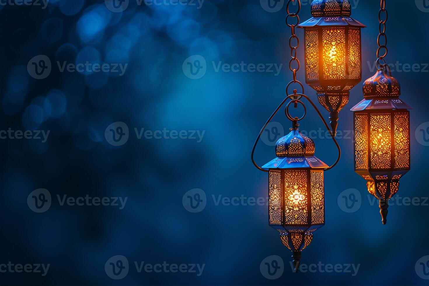 AI generated Background with traditional Muslim lanterns on dark blue - background on Muslim theme photo