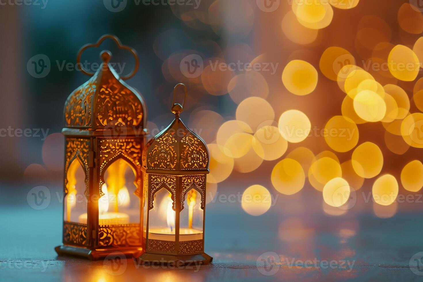 AI generated gold ramadan lantern and candles. lamp with arabic decoration photo