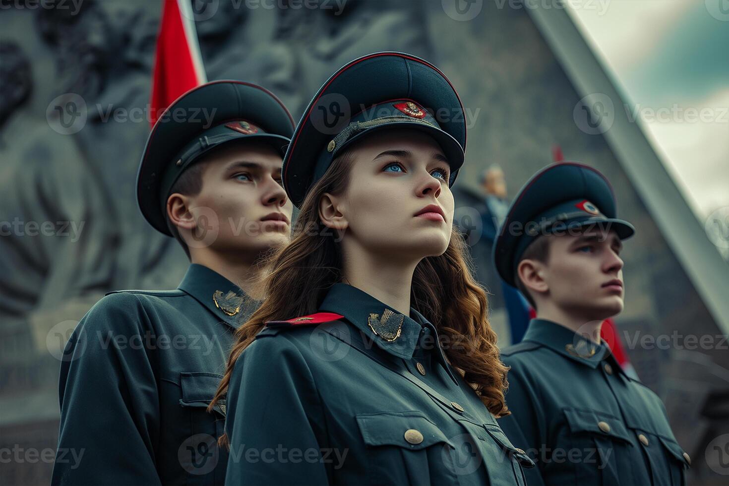 AI generated Concerned youth stand in the guard of honor in the Victory Memorial during the celebration of Victory Day photo