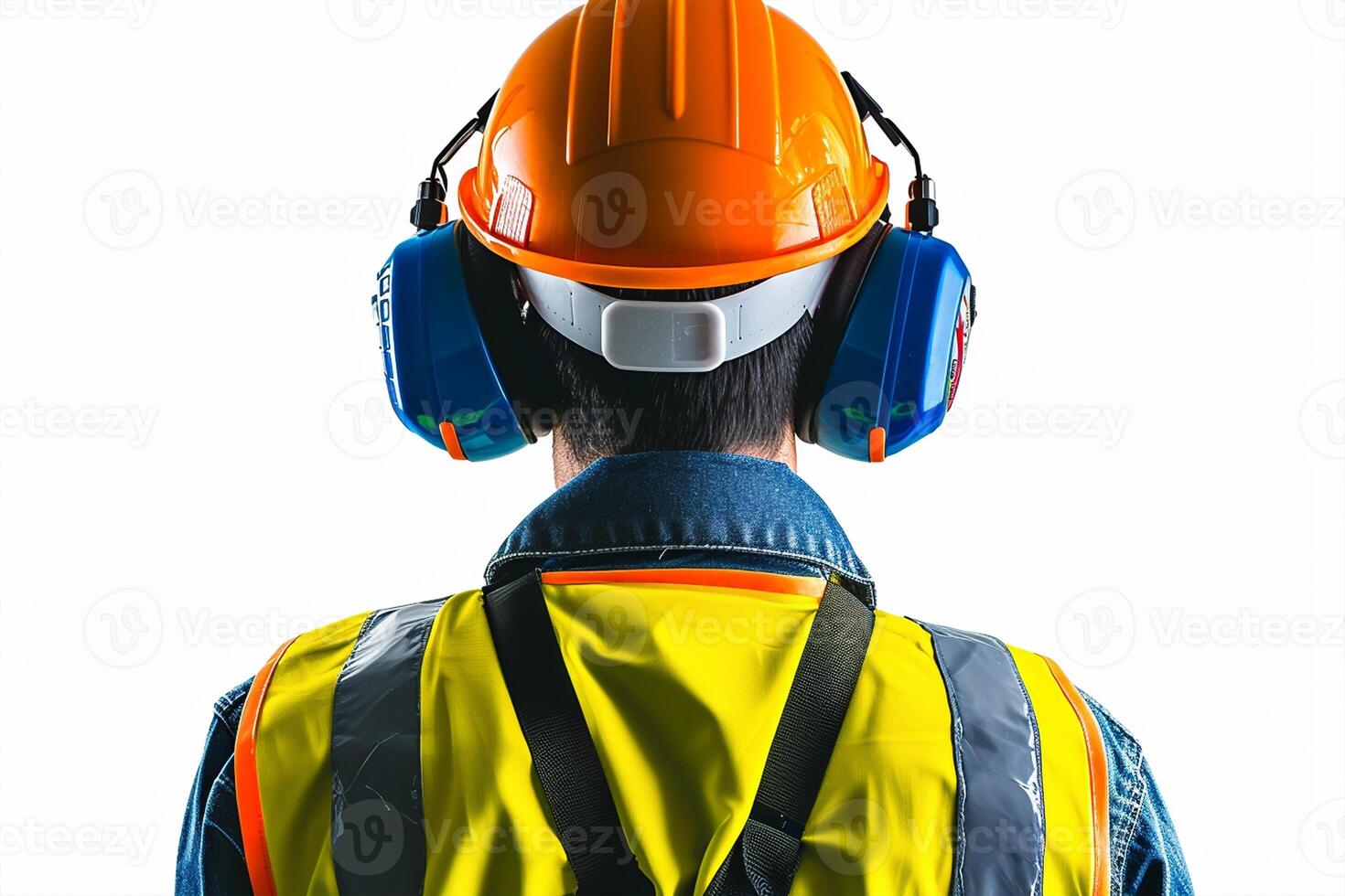 AI generated Occupational Safety and Health, worker's uniform, engineer's helmet, earmuffs, reflective vest on a white background. National Safety Day photo