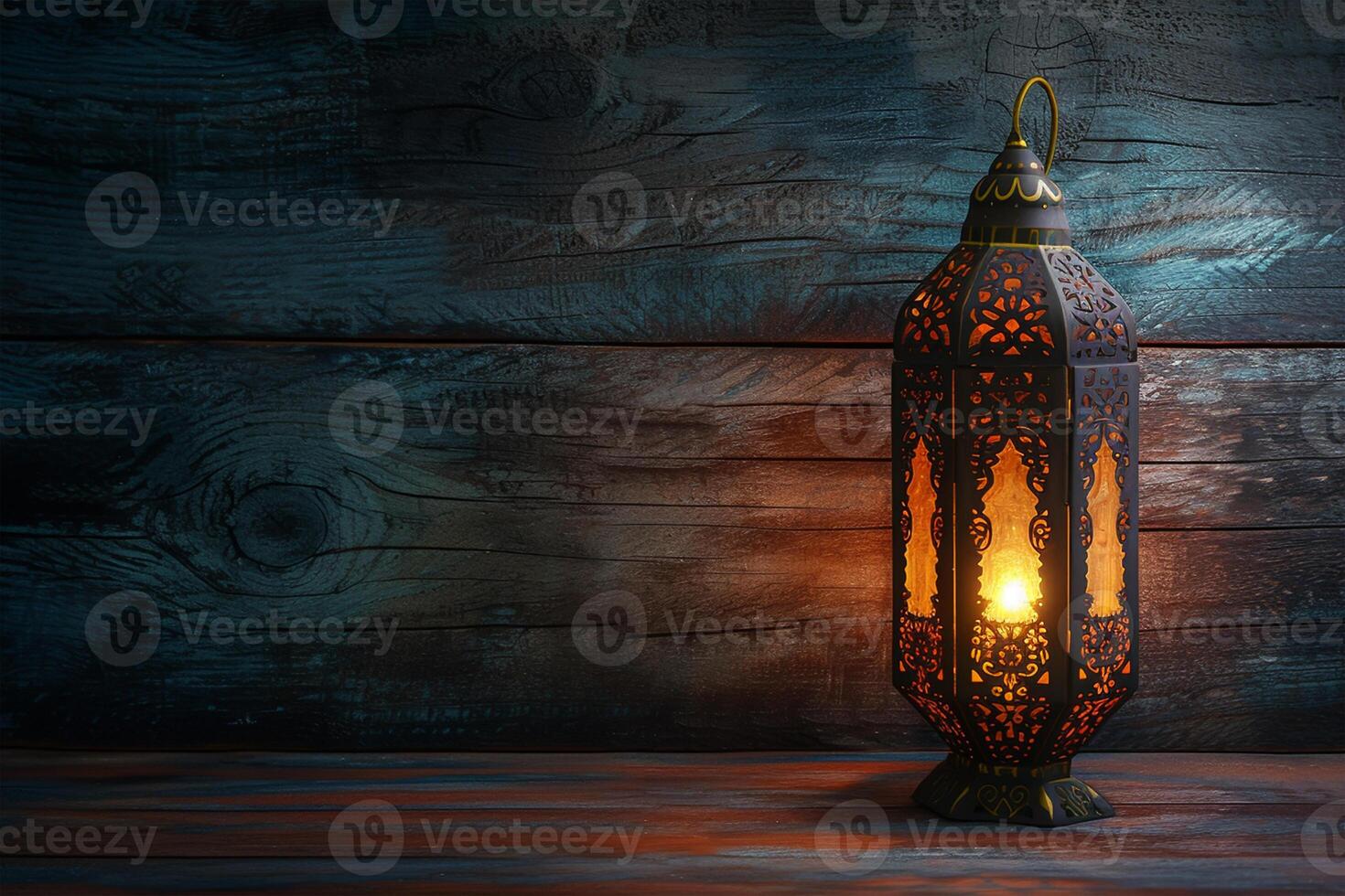 AI generated Arabic lantern on wooden background, ramadan concept photo