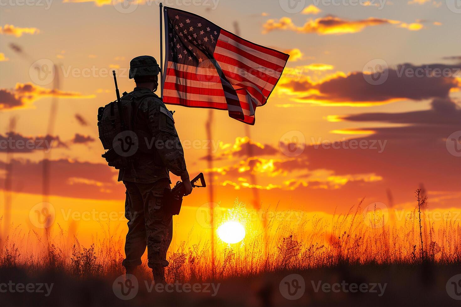 AI generated Silhouette of soldier with USA flag against the sunset photo