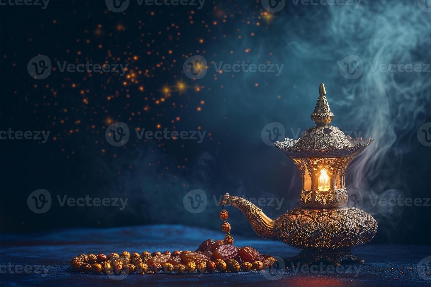 AI generated Aladdin lamp of wishes, dates, Muslim lantern and prayer beads for Ramadan on dark background photo