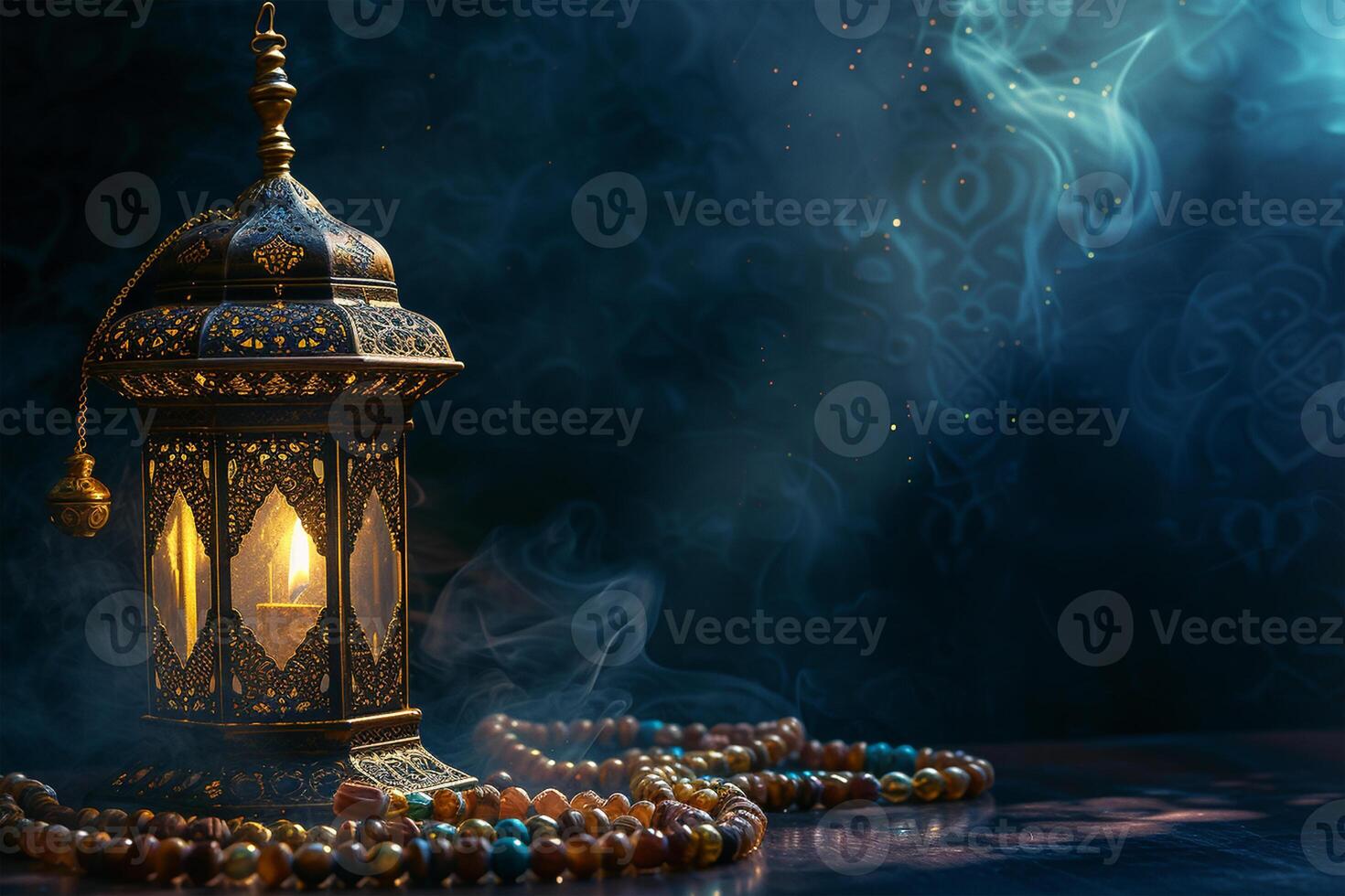 AI generated Aladdin lamp of wishes, dates, Muslim lantern and prayer beads for Ramadan on dark background photo