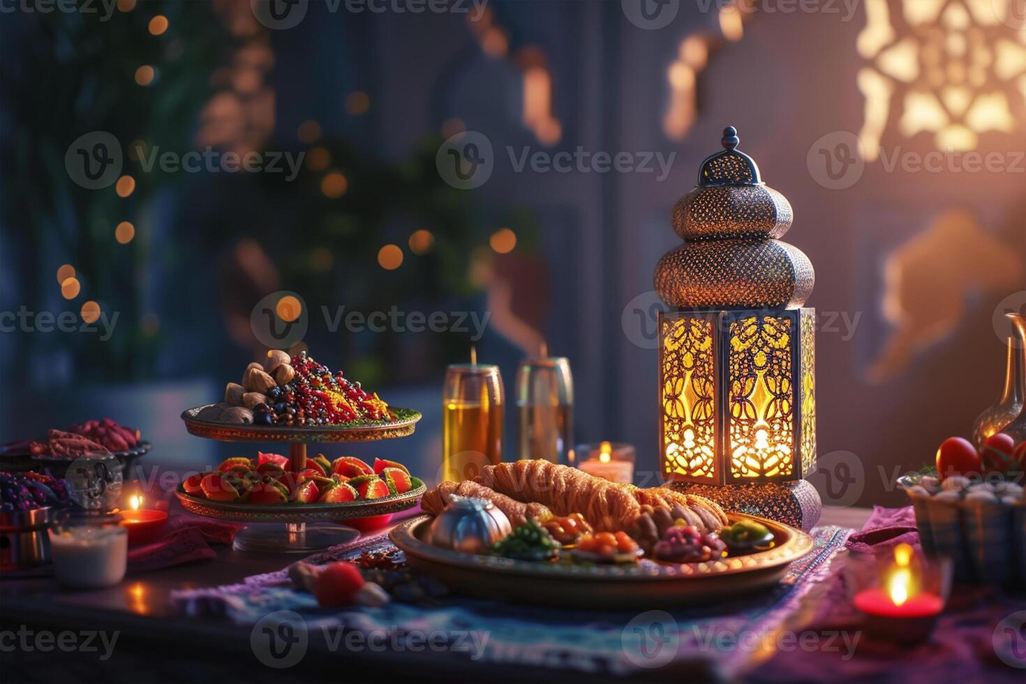 ai generado musulmán Ramadán Mubarak iftar mesa muestra Ramadán comidas y linterna ligero con santo mes eid Mubarak concepto antecedentes foto