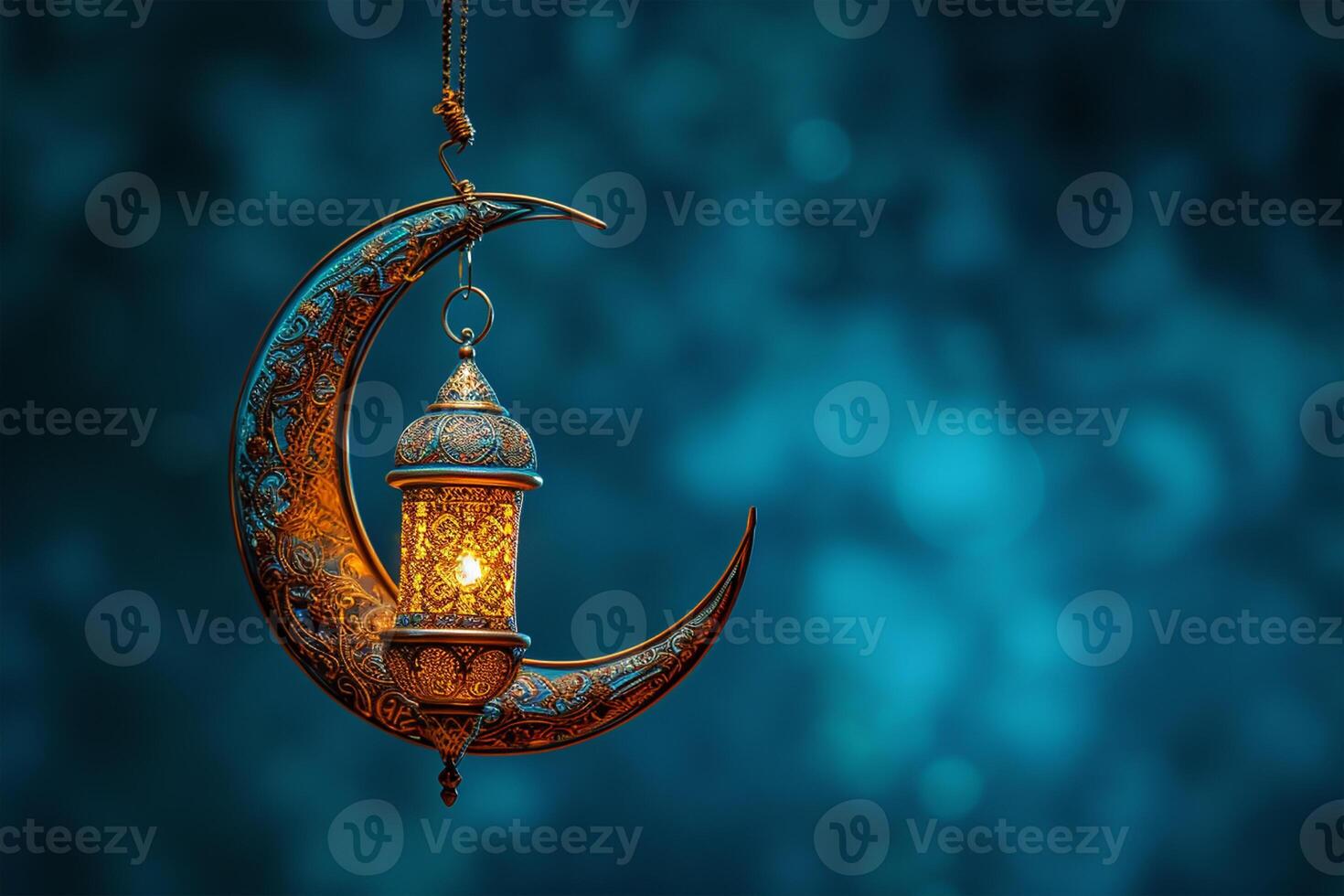ai generado florido creciente Luna adornado con un colgando dorado linterna islámico concepto antecedentes foto