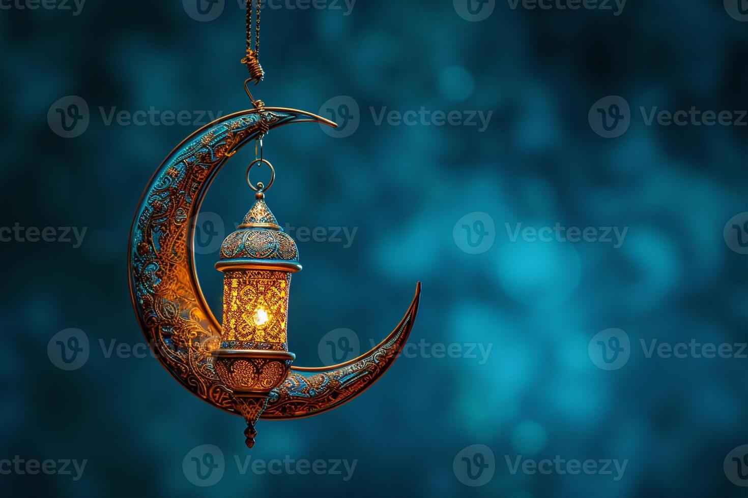 AI generated Ornate Crescent Moon Adorned with a Hanging Golden Lantern Islamic Concept Background photo