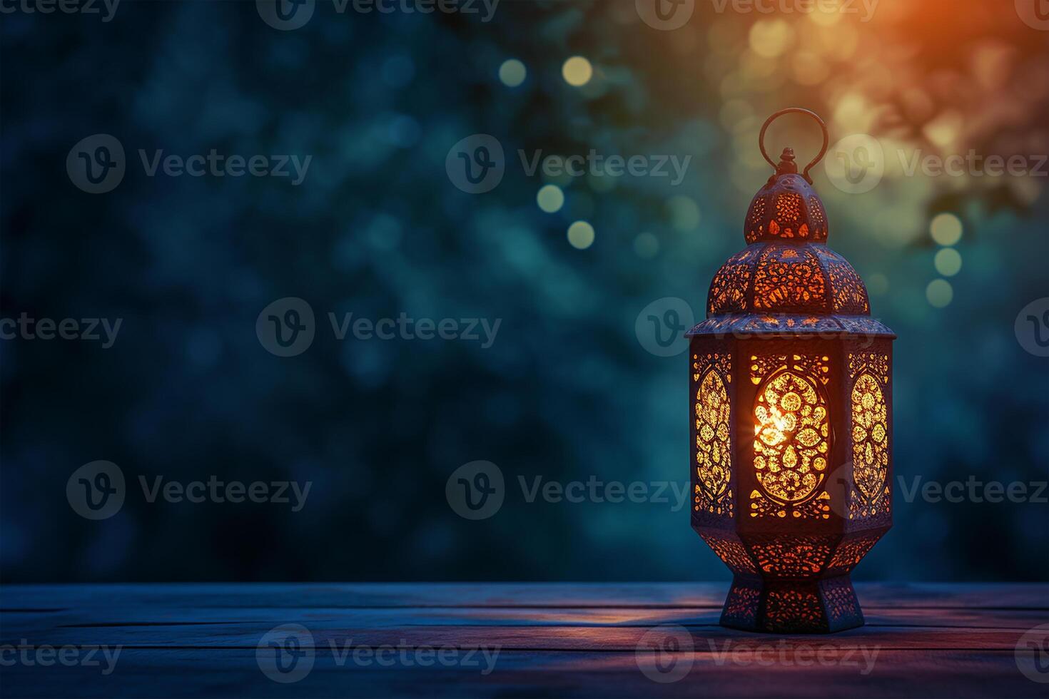 AI generated Arabic lantern on wooden background, ramadan concept photo