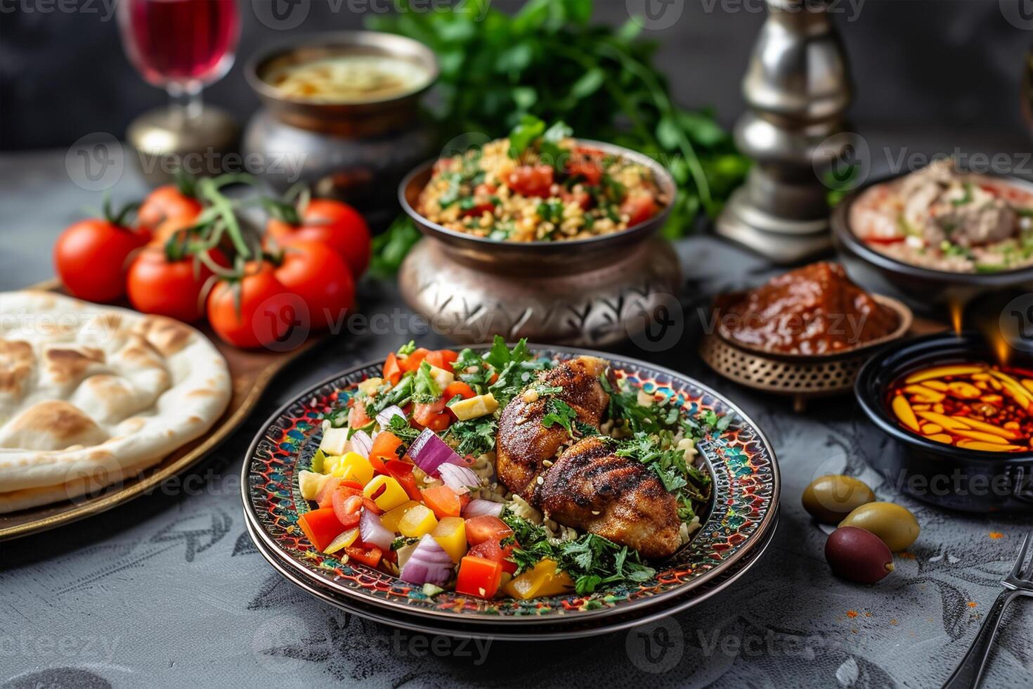 AI generated Middle Eastern Suhoor or Iftar meal photo