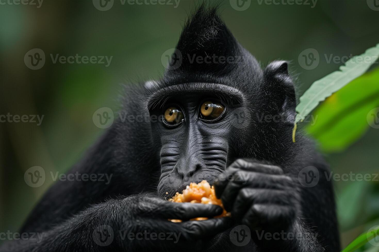 ai generado crestado negro macaco comiendo sulawesi crestado macaco, mundo fauna silvestre día foto
