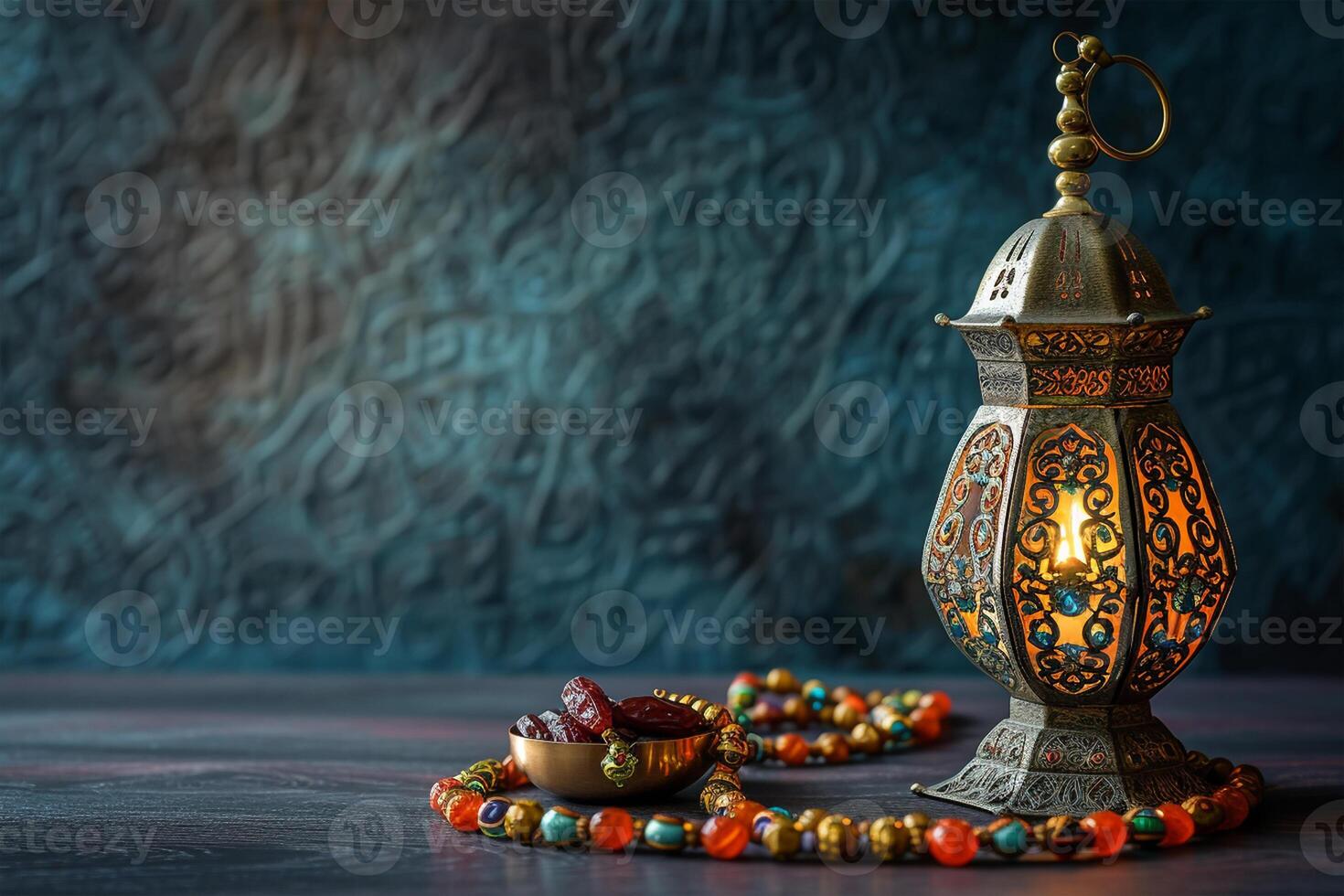 AI generated Aladdin lamp of wishes, dates, Muslim lantern and prayer beads for Ramadan on dark background photo