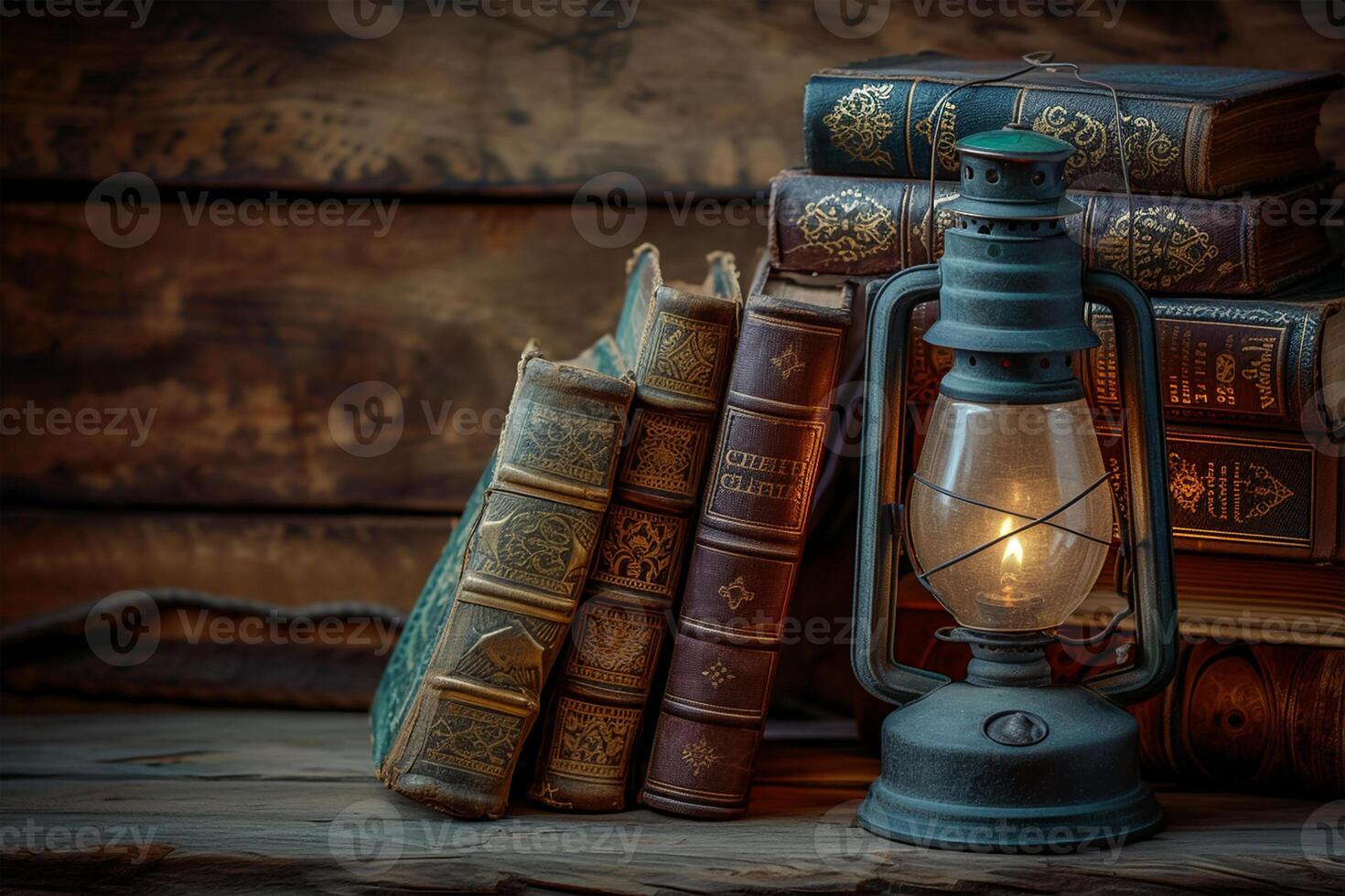 AI generated Old books and ancient lamp show the concept of spirituality photo