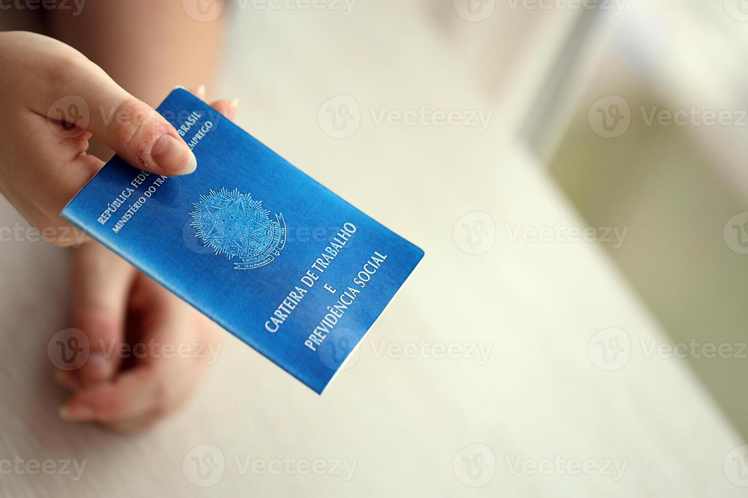 mujer jefe da un brasileño trabajo tarjeta y social seguridad azul libro a nosotros en empleo oficina foto