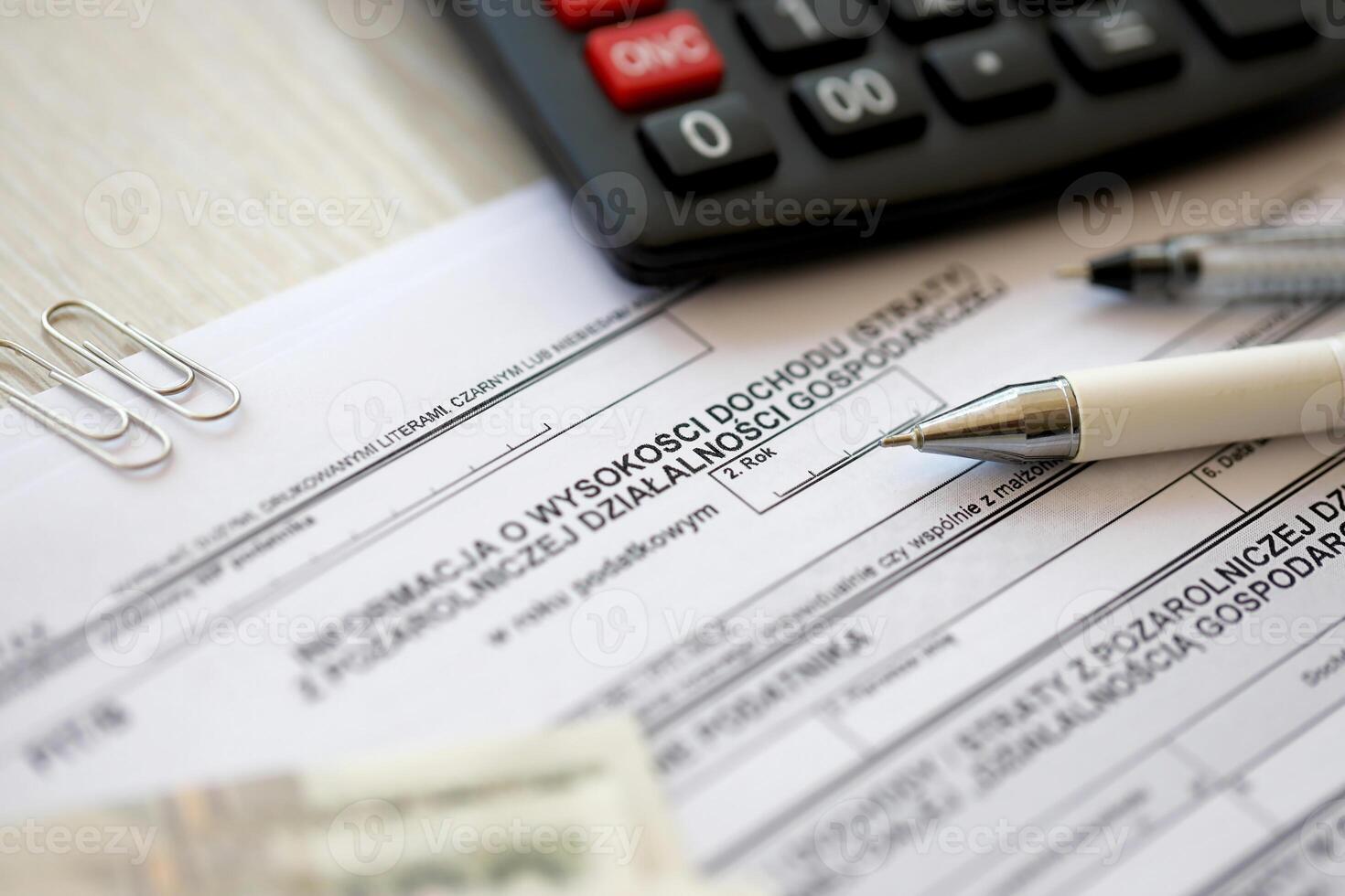 Information on amount of income or loss from non-agricultural economic activity, PIT-B form on accountant table with pen and polish zloty money bills photo