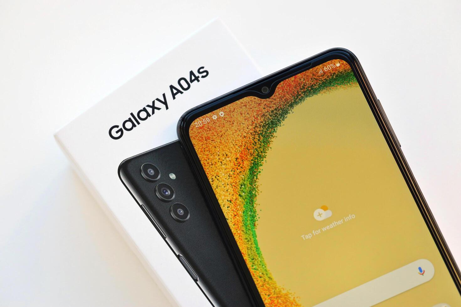 KYIV, UKRAINE - 4 MAY, 2023 Samsung Galaxy A04 Android smartphone has 6.5-inch PLS LCD panel with Infinity-V design photo
