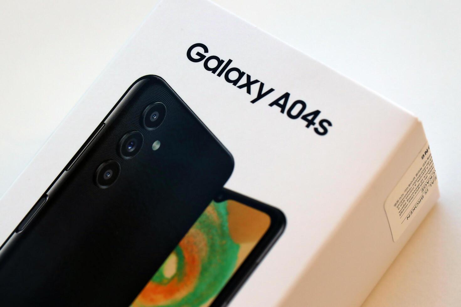 KYIV, UKRAINE - 4 MAY, 2023 Samsung Galaxy A04 Android smartphone has 6.5-inch PLS LCD panel with Infinity-V design photo
