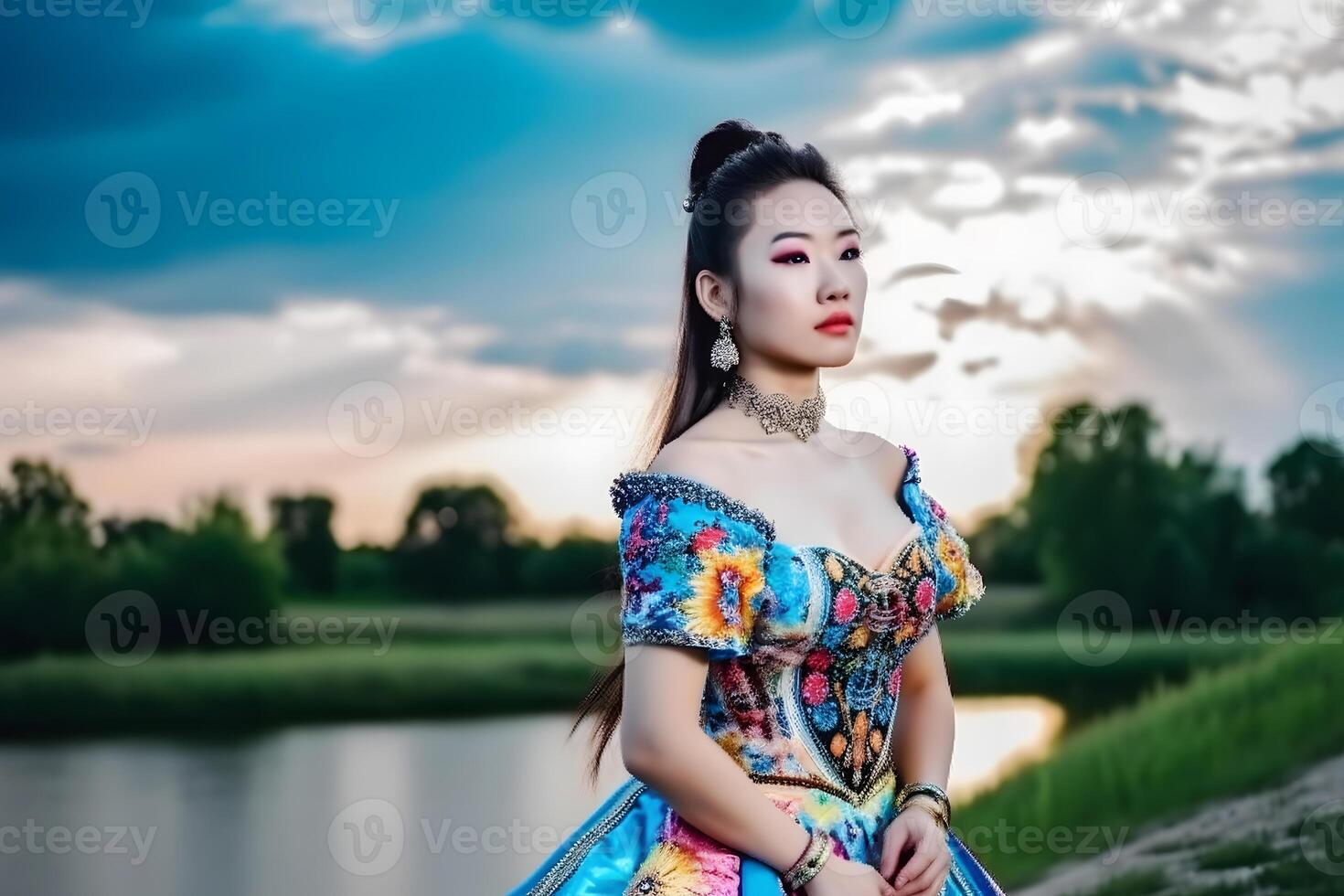 AI generated Mongolian girl in traditional national dress. Neural network AI generated photo